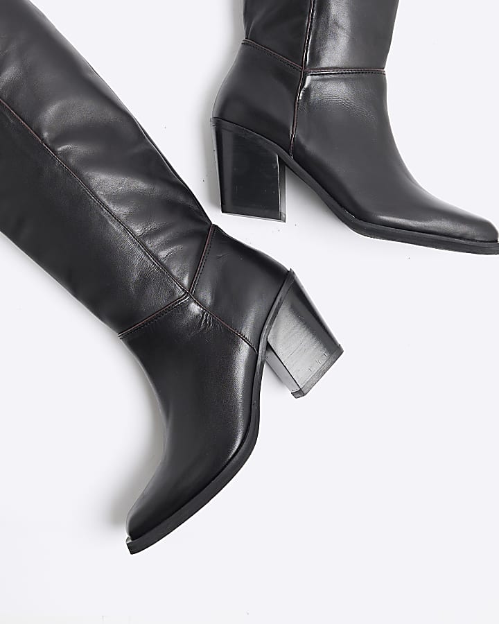 Black Leather High Leg Heeled Boots