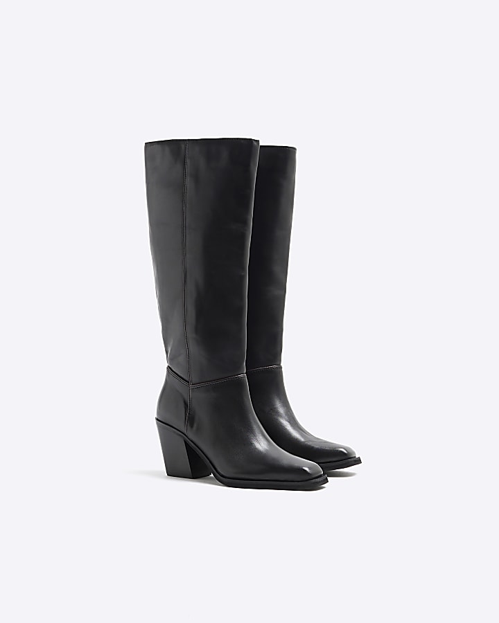 Black Leather High Leg Heeled Boots