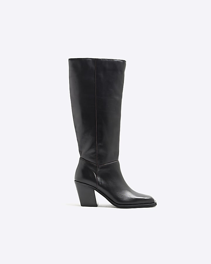 Black Leather High Leg Heeled Boots