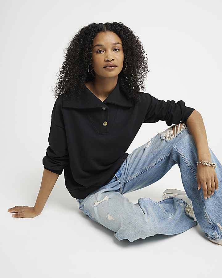 Black button up polo sweatshirt