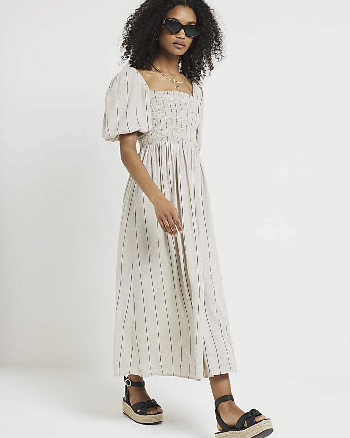 Stone stripe puff sleeve smock midi dress