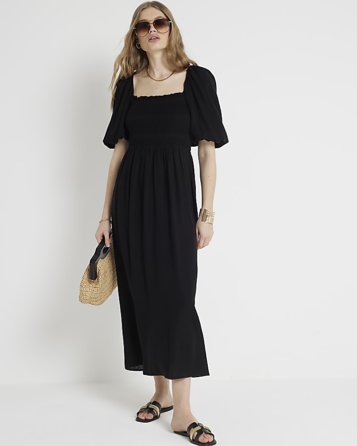 Black puff sleeve smock midi dress