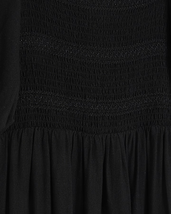 Black puff sleeve smock midi dress