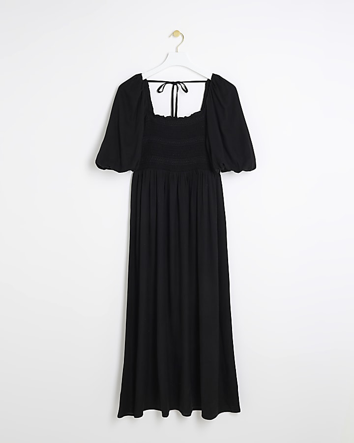 Black puff sleeve smock midi dress