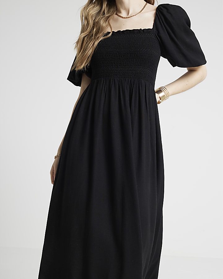 Black puff sleeve smock midi dress