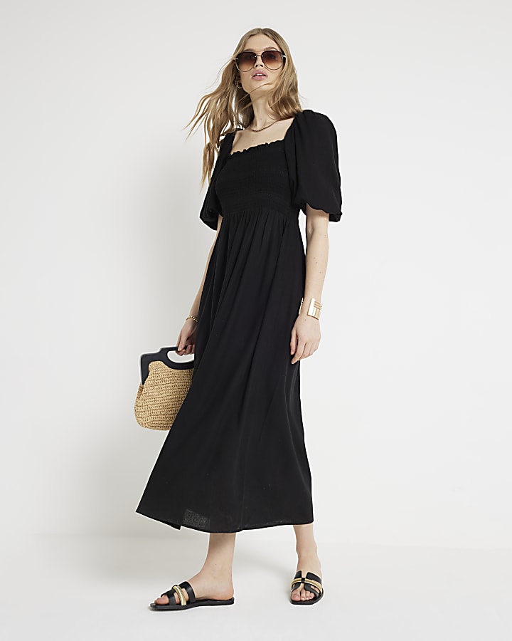 Black puff sleeve smock midi dress