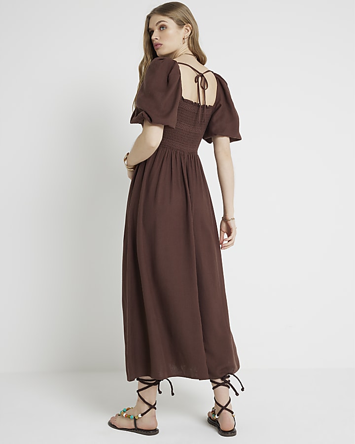 Brown Puff Sleeve Smock Midi Dress