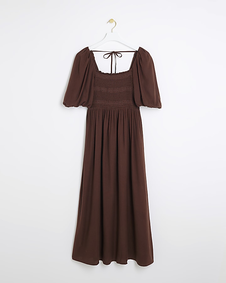 Brown Puff Sleeve Smock Midi Dress