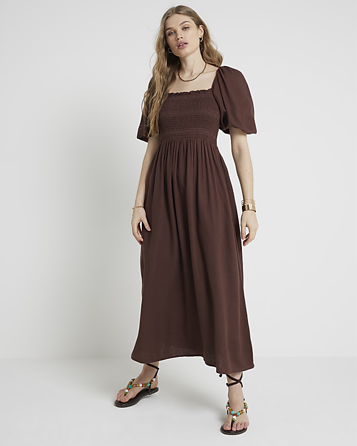 Brown Puff Sleeve Smock Midi Dress