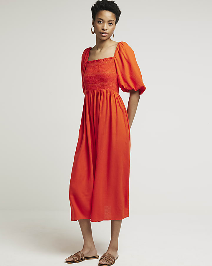 Red puff sleeve smock midi dress