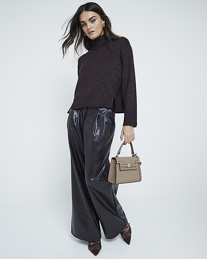 Brown High Neck Glitter Jumper