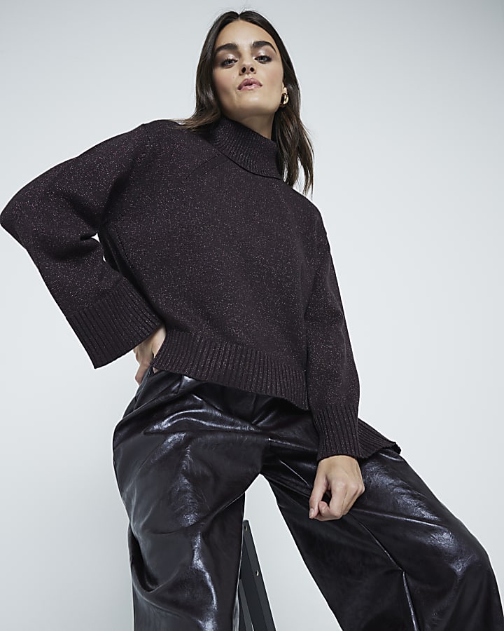 Brown High Neck Glitter Jumper