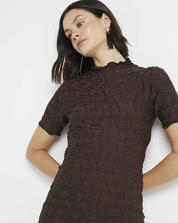 Brown textured midi dress