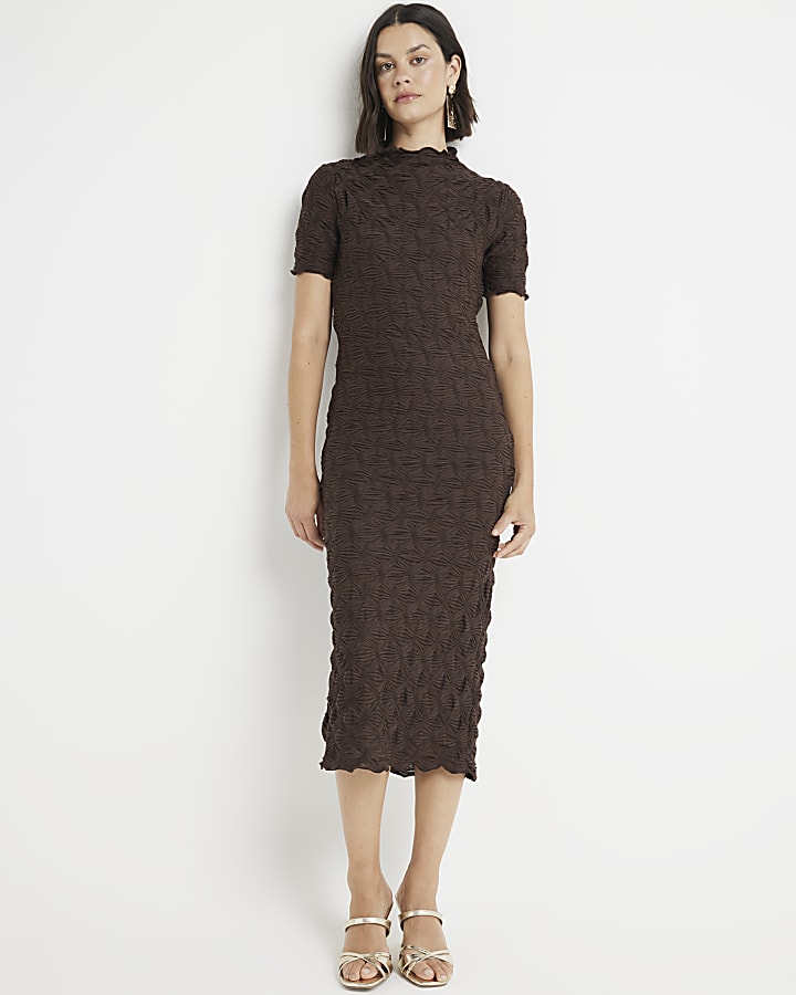 Brown textured midi dress