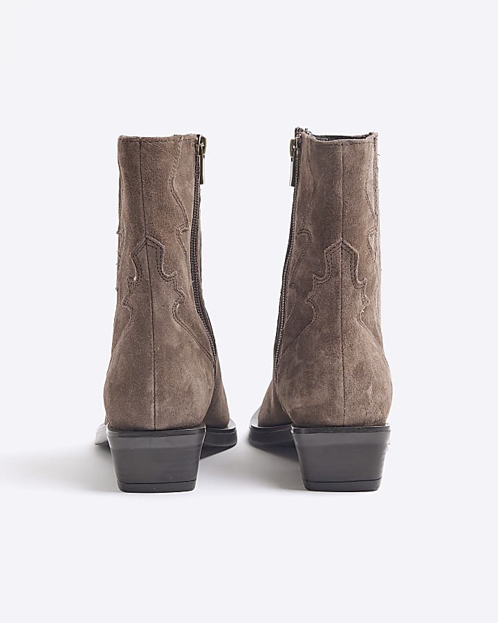 Beige Suede Western Ankle Boots