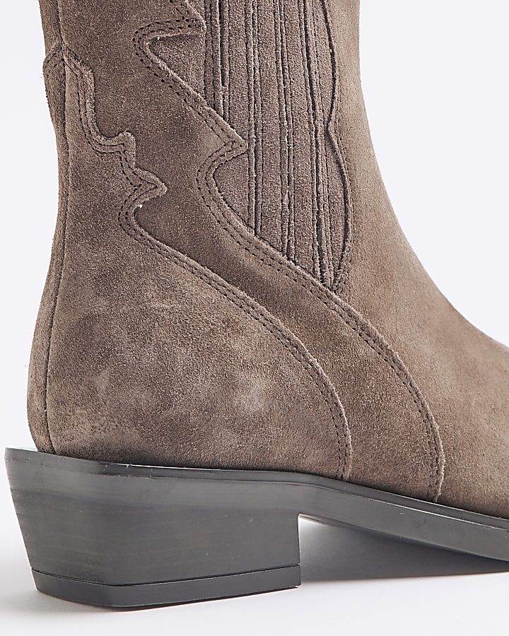 Beige Suede Western Ankle Boots