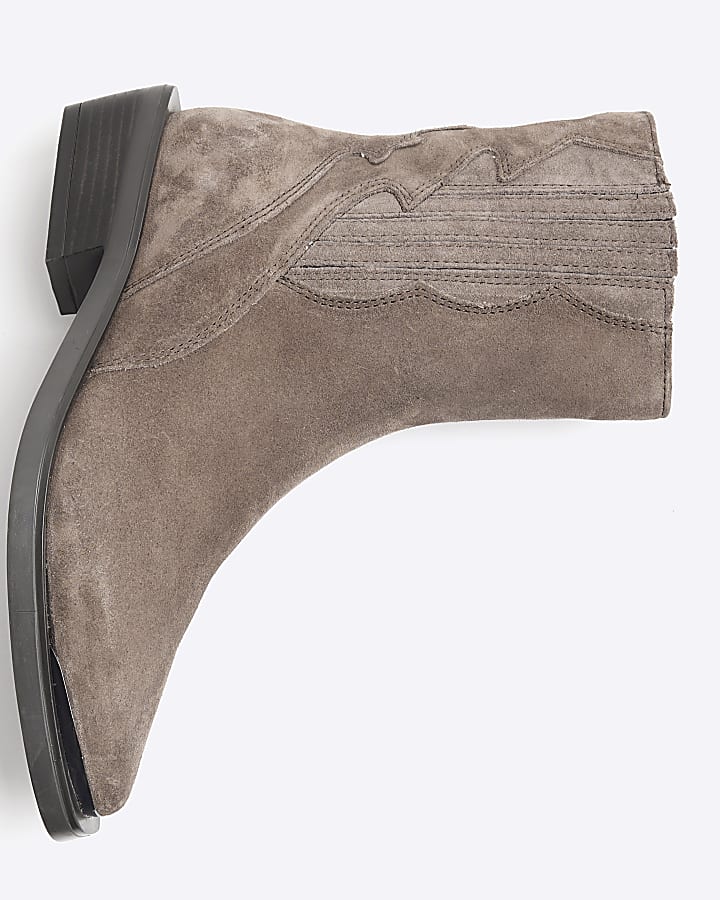 Beige Suede Western Ankle Boots