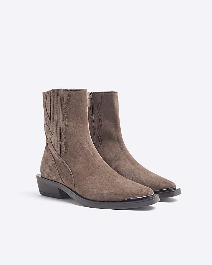 Beige Suede Western Ankle Boots