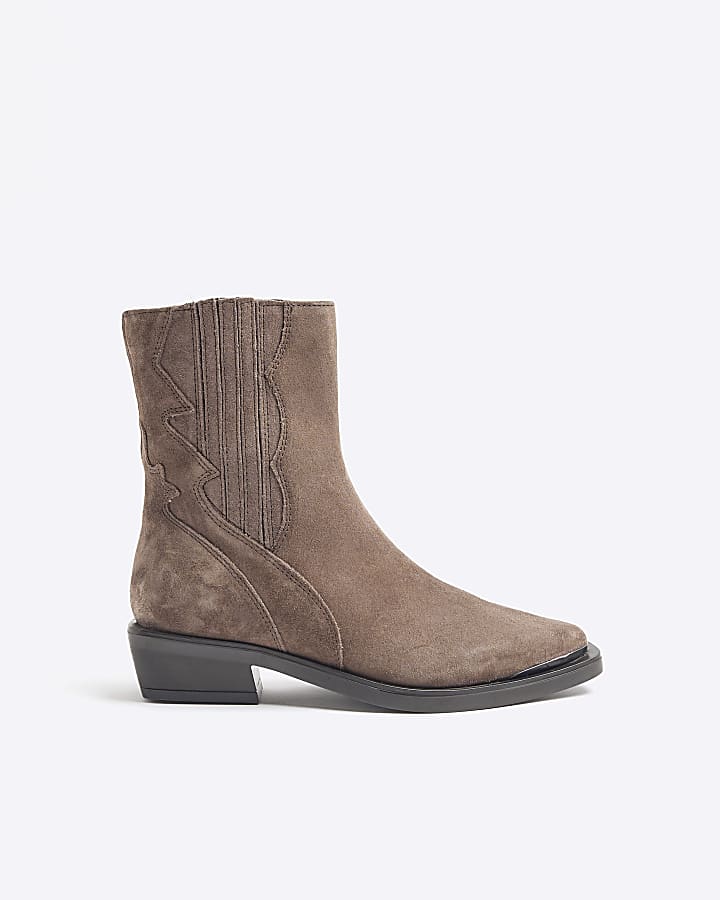 Beige Suede Western Ankle Boots