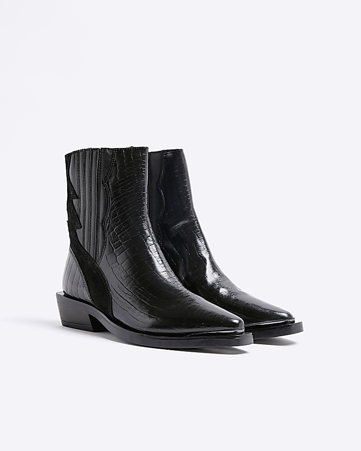 Black Leather Chelsea Western Ankle Boots