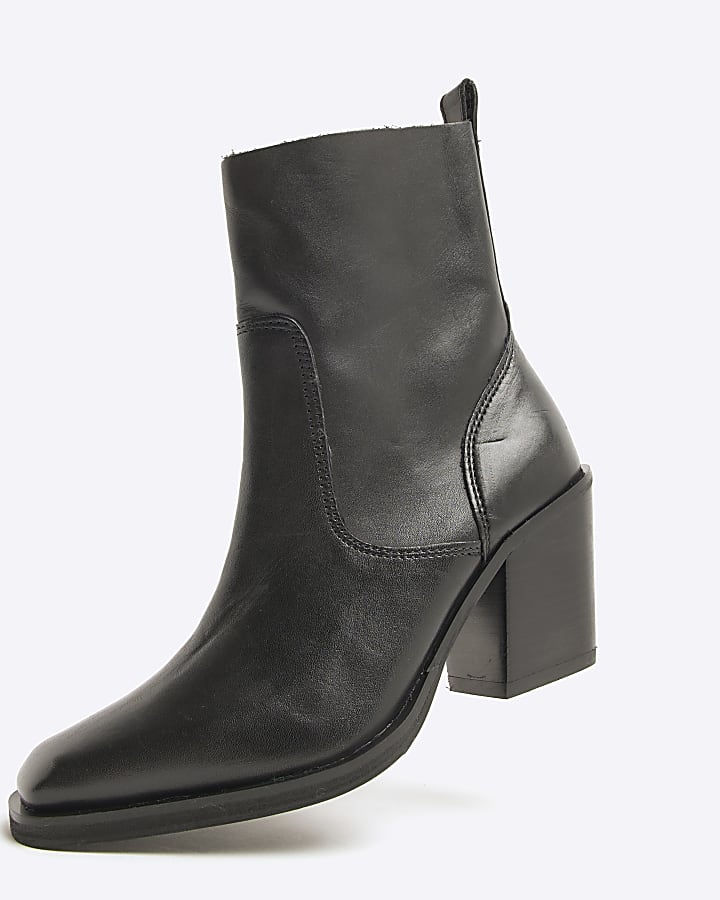 Black Leather Western Heeled Ankle Boots