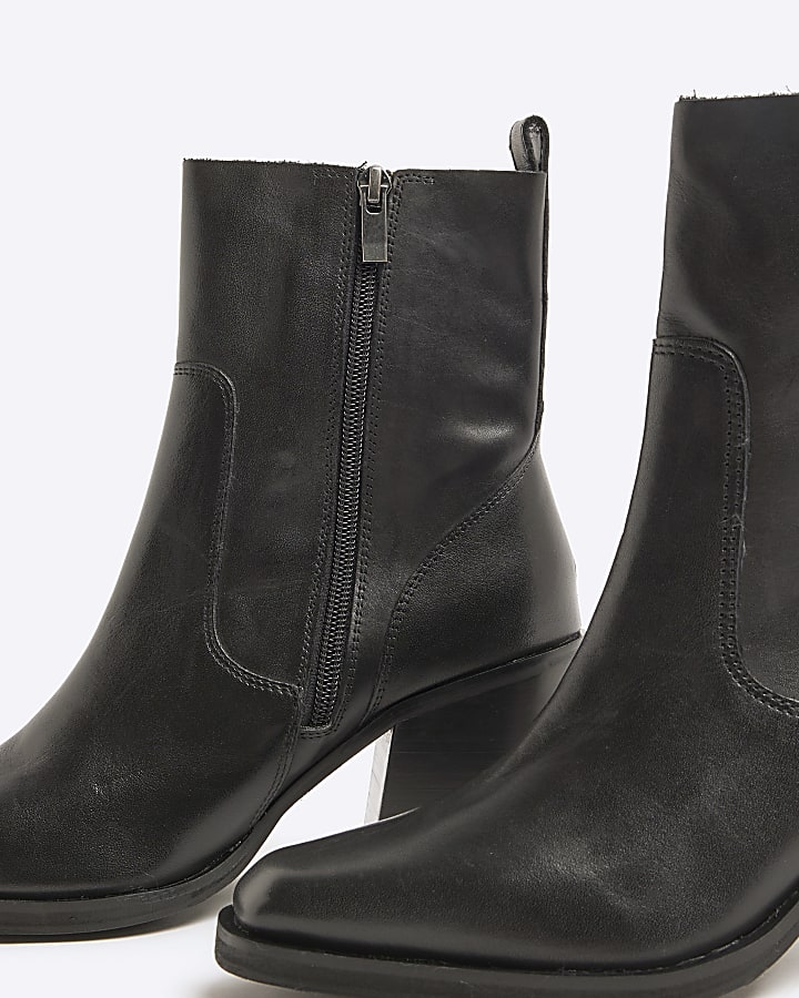 Black Leather Western Heeled Ankle Boots