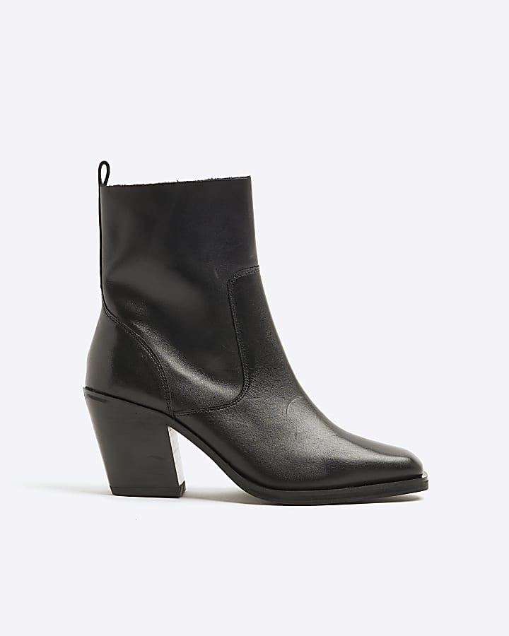 Black Leather Western Heeled Ankle Boots