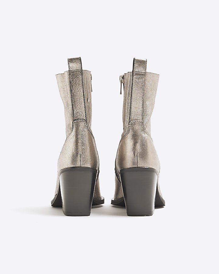 Silver Leather Western Heeled Ankle Boots