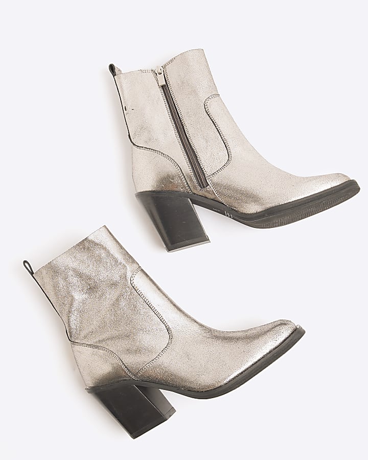 Silver Leather Western Heeled Ankle Boots