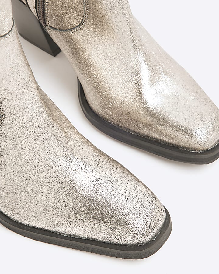 Silver Leather Western Heeled Ankle Boots