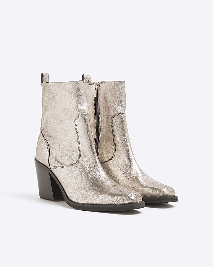 Silver Leather Western Heeled Ankle Boots