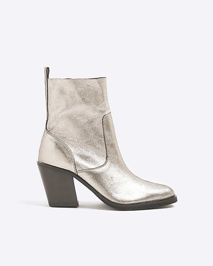 Silver Leather Western Heeled Ankle Boots