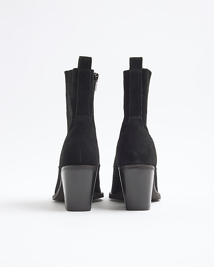 Black Suede Western Heeled Ankle Boots