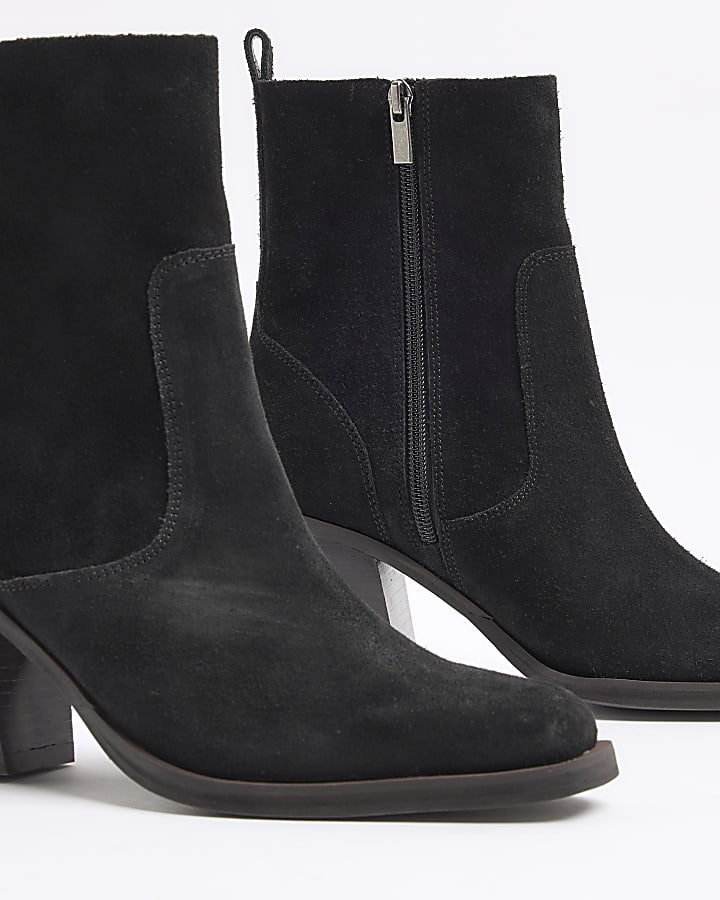 Black Suede Western Heeled Ankle Boots