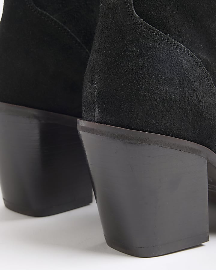 Black Suede Western Heeled Ankle Boots