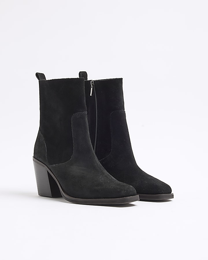 Black Suede Western Heeled Ankle Boots