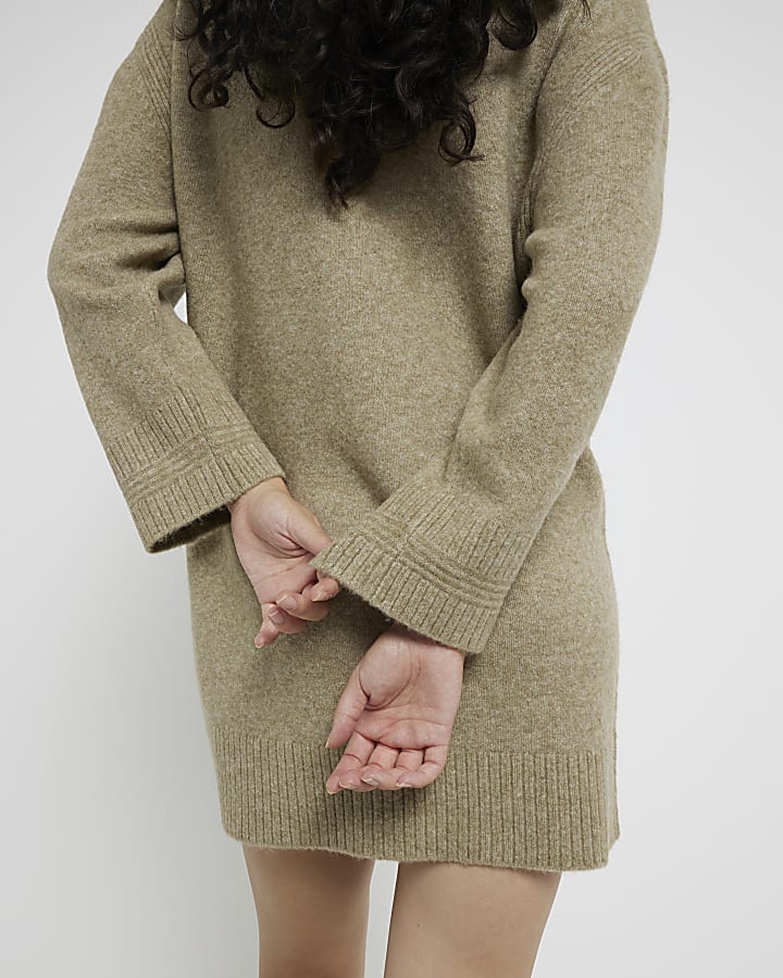 Khaki High Neck Jumper Mini Dress