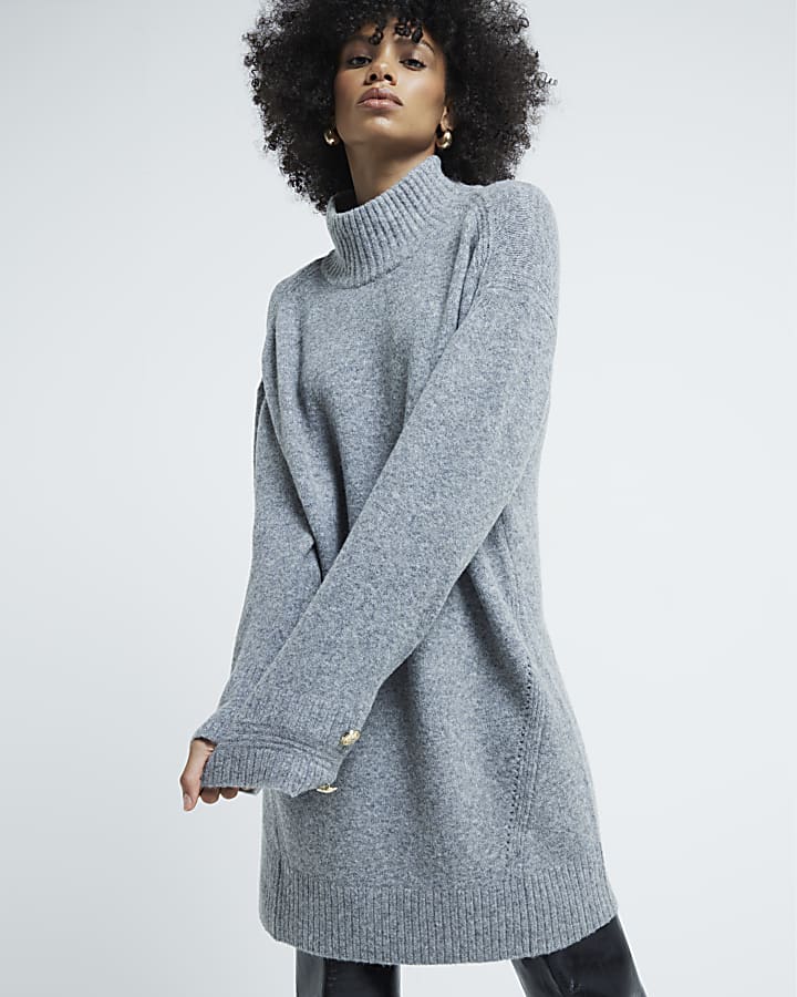 Grey High Neck Jumper Dress