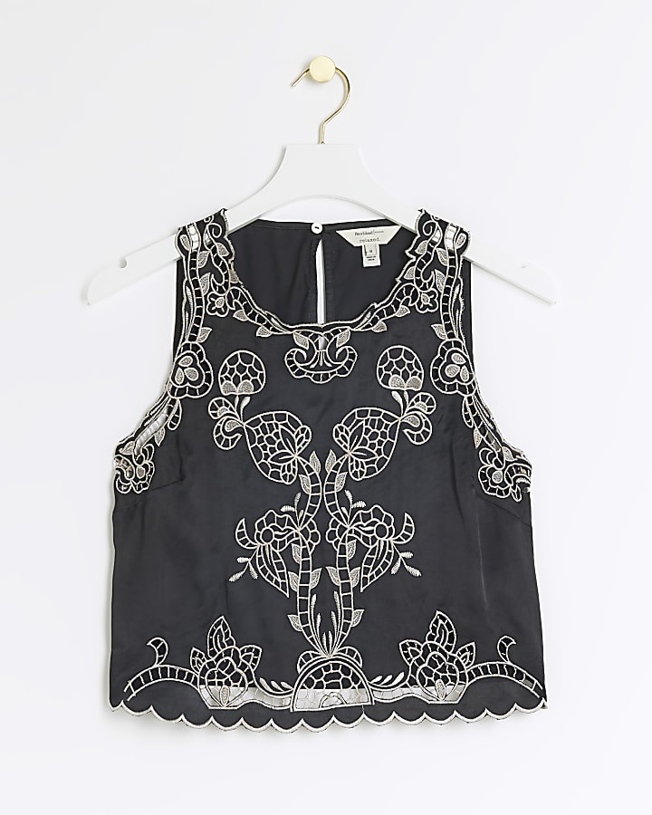 Black broderie tank top