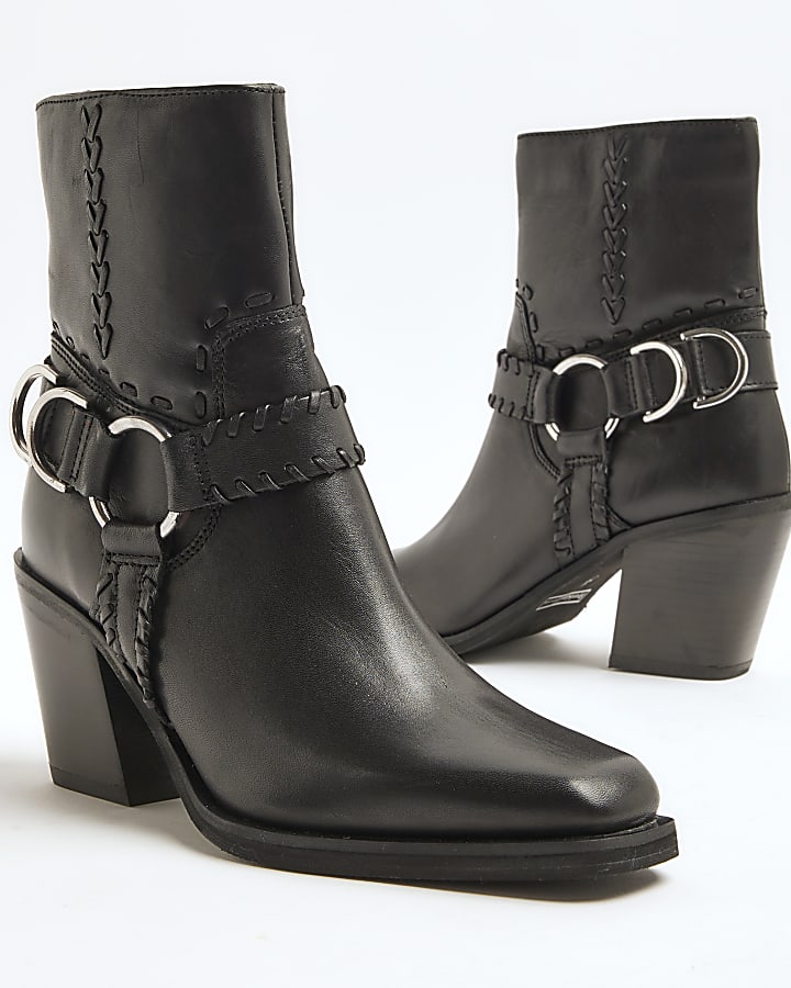 Black Leather Buckle Western Ankle Boots