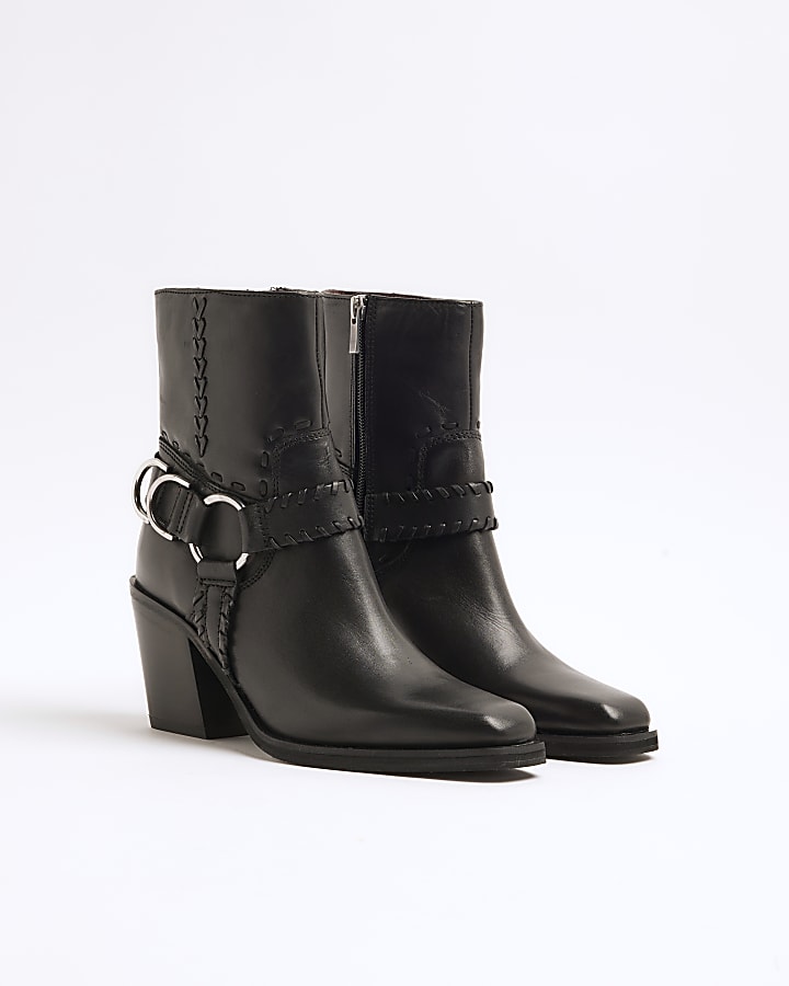 Black Leather Buckle Western Ankle Boots