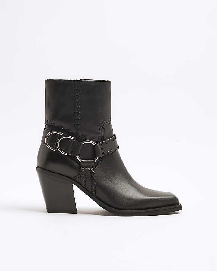 Black Leather Buckle Western Ankle Boots River Island