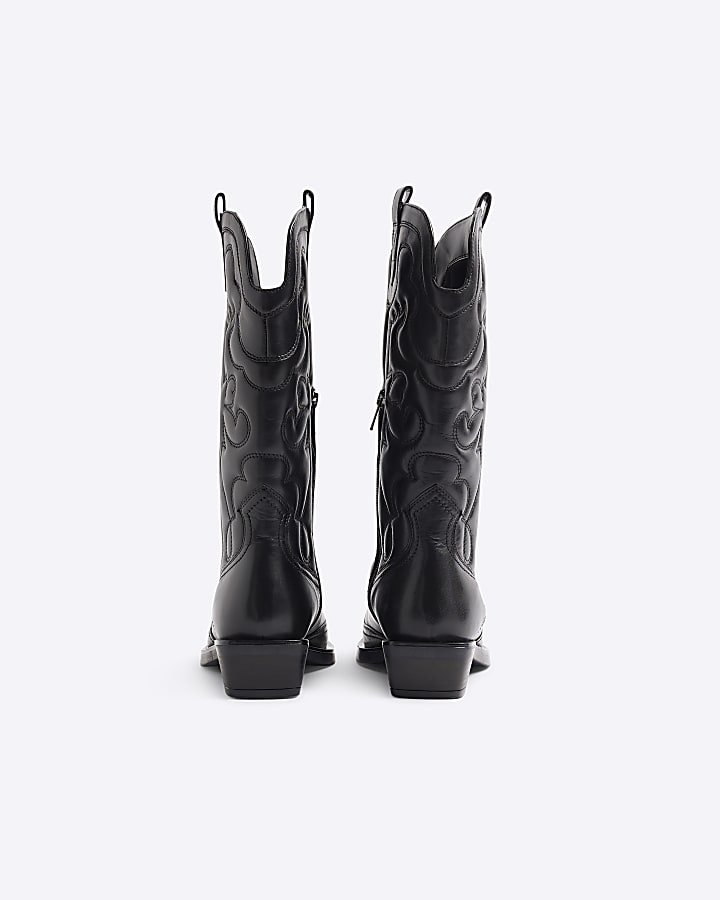 Black Leather Western Padded High Leg Boots