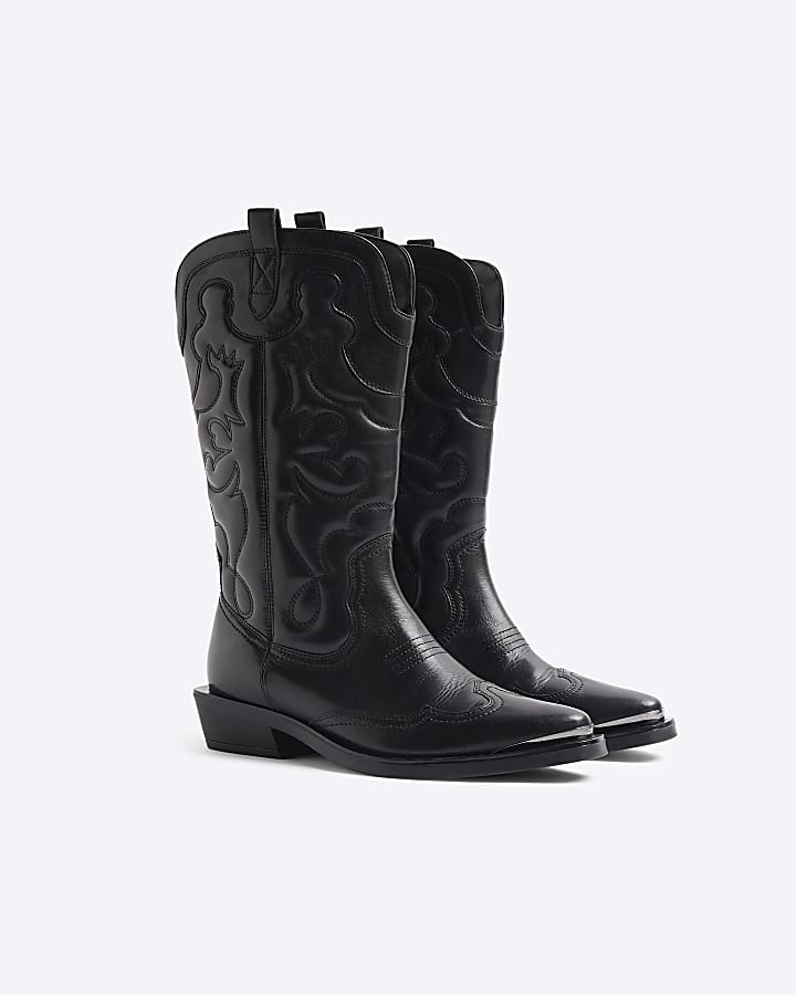 Black Leather Western Padded High Leg Boots