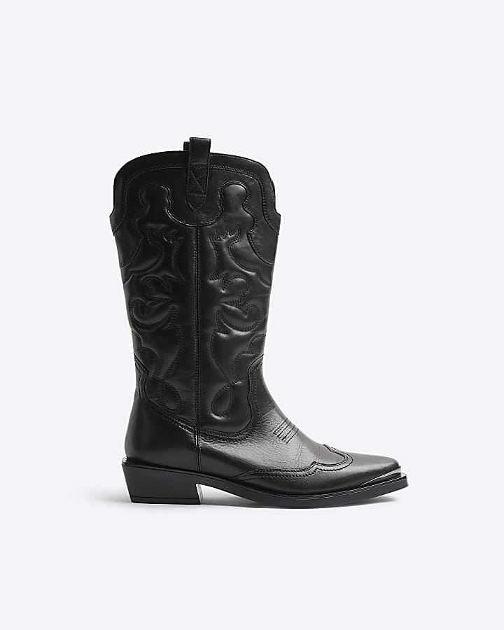 Black Leather Western Padded High Leg Boots