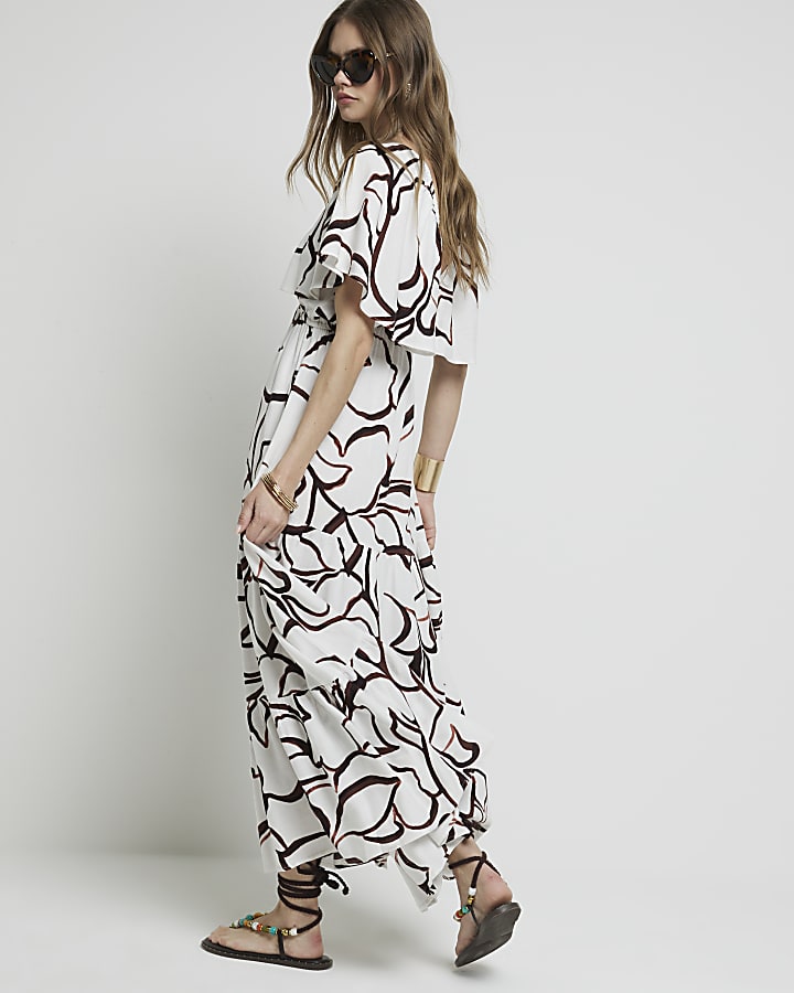 Brown abstract frill sleeve smock maxi dress