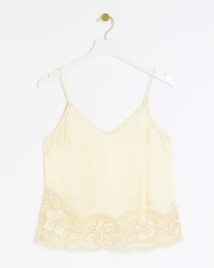 Yellow satin lace hem cami top