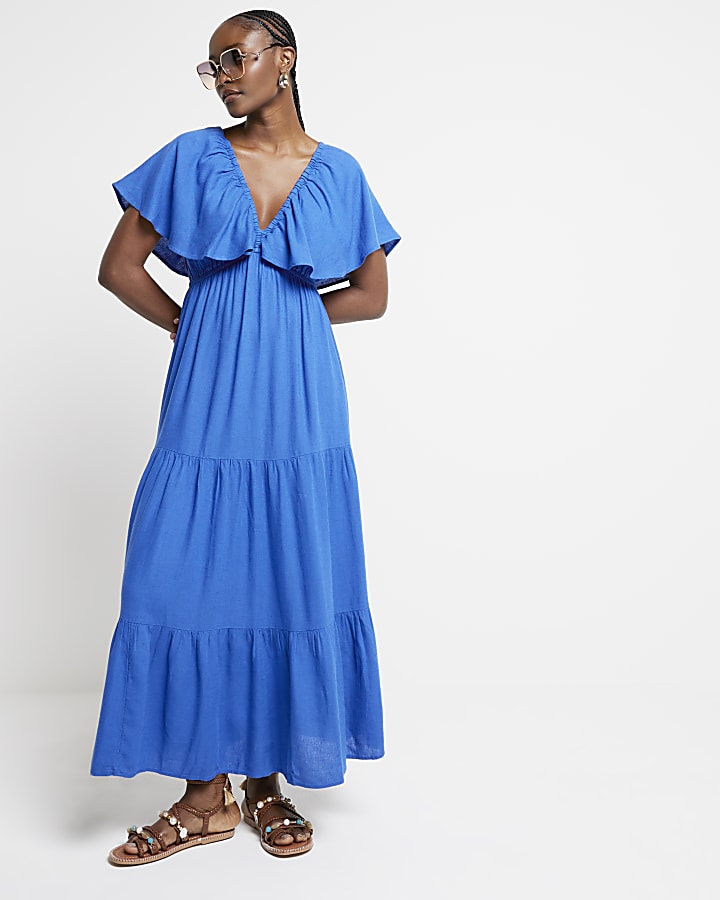 Blue frill sleeve smock maxi dress