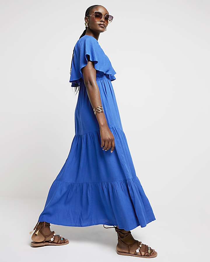 Blue frill sleeve smock maxi dress