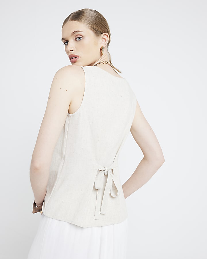 Beige linen blend embroidered waistcoat